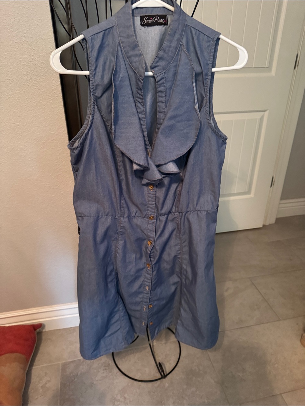 Sleeveless Chambray Ruffle Front Dress- Blue